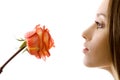 Beautiful woman with rose sideview isolated Royalty Free Stock Photo