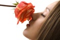 Beautiful woman with rose sideview isolated Royalty Free Stock Photo