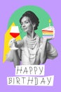 Beautiful woman, royal person in dress standing with cake and wine glass, celebrating birthday. Creative design. Poster