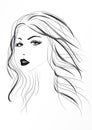 Beautiful woman`s face with long wavy hair, black and white vector illustration