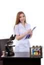 Beautiful woman scientist in the lab perform various operations Royalty Free Stock Photo