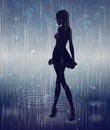 Beautiful woman, girl silhouette walking in the rain, night background