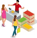 Beautiful woman shopping fresh fruits. fruit seller in a farmer market. Stand for selling fruit. Crate of apples, pears