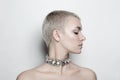 Woman with short haircut and vintage rhinestone chocker