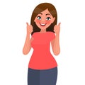 A beautiful woman shows a gesture of approval. Cool or Ok. Thumb lifted up. Vector illustration