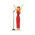 Beautiful woman singer in red dress performing a song vector Illustration