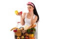 Beautiful woman sitting in supermarket trolley Royalty Free Stock Photo