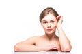 Beautiful woman skincare portrait with hand over white background