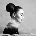 Beautiful woman and sky cloud above background, black and white art portrait Royalty Free Stock Photo