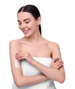 Beautiful woman with smear of body cream on her arm against white background Royalty Free Stock Photo
