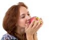 Beautiful woman smelling fresh red apple Royalty Free Stock Photo