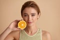 Beautiful Woman Smiling with Orange Fruit. Woman Recommended Vitamin for Skin Royalty Free Stock Photo