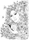 Beautiful woman with snail in the colors. Design for coloring book adults. Royalty Free Stock Photo