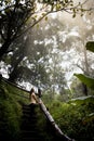 Beautiful woman on stairs on a foggy and wet rainforest path in Chiang Mai & x28;Thailand