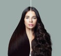 Beautiful woman with straight and curly hairstyle. Hair styling and hair care concept