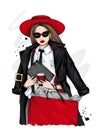 Beautiful woman in a stylish coat, hat and glasses. Stylish girl. Fashion & Style. Vector illustration.