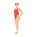 Beautiful woman, swimmer in swimming suit, cap and goggles, cartoon vector illustration isolated on white background. Front view Royalty Free Stock Photo