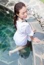 Beautiful Woman Swimming Pool At Resort Relaxed Portrait Young Asian Girl Tropical Vacation
