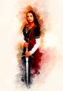 Beautiful woman with sword in a historical clothing in cosmic space. Royalty Free Stock Photo