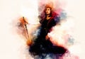 Beautiful woman with sword in a historical clothing and Softly blurred watercolor background.