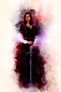 Beautiful woman with sword in a historical clothing and Softly blurred watercolor background.