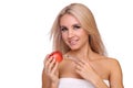 Beautiful woman with syringe of red vaccine dose inject on apple. Royalty Free Stock Photo