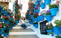 beautiful woman taking a selfie on a stairway full of pots and flowers in an Andalusian patio Royalty Free Stock Photo