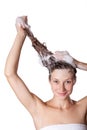 Beautiful woman taking a shower and shampooing her hair. washing hair with Shampoo. Royalty Free Stock Photo