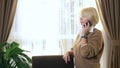 Beautiful woman talking on a cell phone, standing in the office by the window Royalty Free Stock Photo