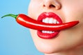 Beautiful woman teeth eating red hot chili pepper Dental clinic patient. Image symbolizes oral care dentistry Royalty Free Stock Photo