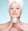 Beautiful woman tender jar of moisturizer cream Royalty Free Stock Photo