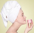 Beautiful woman tender jar of moisturizer cream Royalty Free Stock Photo