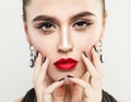 Beautiful Woman Touching her Face her Hand with Manicure Royalty Free Stock Photo