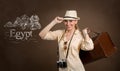 Beautiful woman tourist with draw pyramids and Great Sphinx Royalty Free Stock Photo