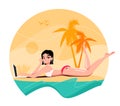 Beautiful woman in a two-tone pink and white bikini is resting on the beach with a laptop. Concept of remote work