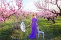 Beautiful woman with umbrella on a Sunny day in the blossoming garden, lovely spring day for a walk, peach blossom or Sakura Royalty Free Stock Photo