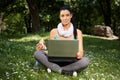 Beautiful woman using laptop in park Royalty Free Stock Photo