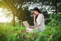 Beautiful woman using laptop in the park Royalty Free Stock Photo