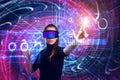 Beautiful woman in virtual reality glasses on a futuristic background. Augmented reality, game, future technology concept. VR