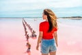 A beautiful woman walks on a salty beach between wooden sticks on a salty pink lake with a blue sky. A peaceful landscape and rela Royalty Free Stock Photo
