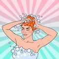 Beautiful Woman Washing her Head with Shampoo. Morning Shower. Pop Art illustration