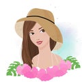 beautiful woman wear sun hat portrait with pink hibiscus flower on watercolor background summer fashion illustration Royalty Free Stock Photo