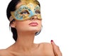Beautiful woman wearing blue carnival mask