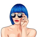 beautiful woman wearing blue wig and sunglasses