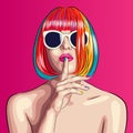 beautiful woman wearing colorful wig and white sunglasses