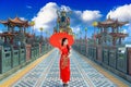 Beautiful women wearing dresses red cheongsam holding an umbrella walking on the bridge at Zuoying Yuandi temple,Taiwan Royalty Free Stock Photo