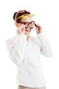 Beautiful woman wearing four different pairs of eyeglasses. Royalty Free Stock Photo