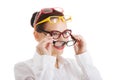 Beautiful woman wearing four different pairs of eyeglasses. Royalty Free Stock Photo