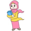 A beautiful woman wearing a hijab carrying a holy book goes to the mosque. doodle icon image kawaii