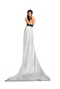 Beautiful woman wearing long silver dress stands